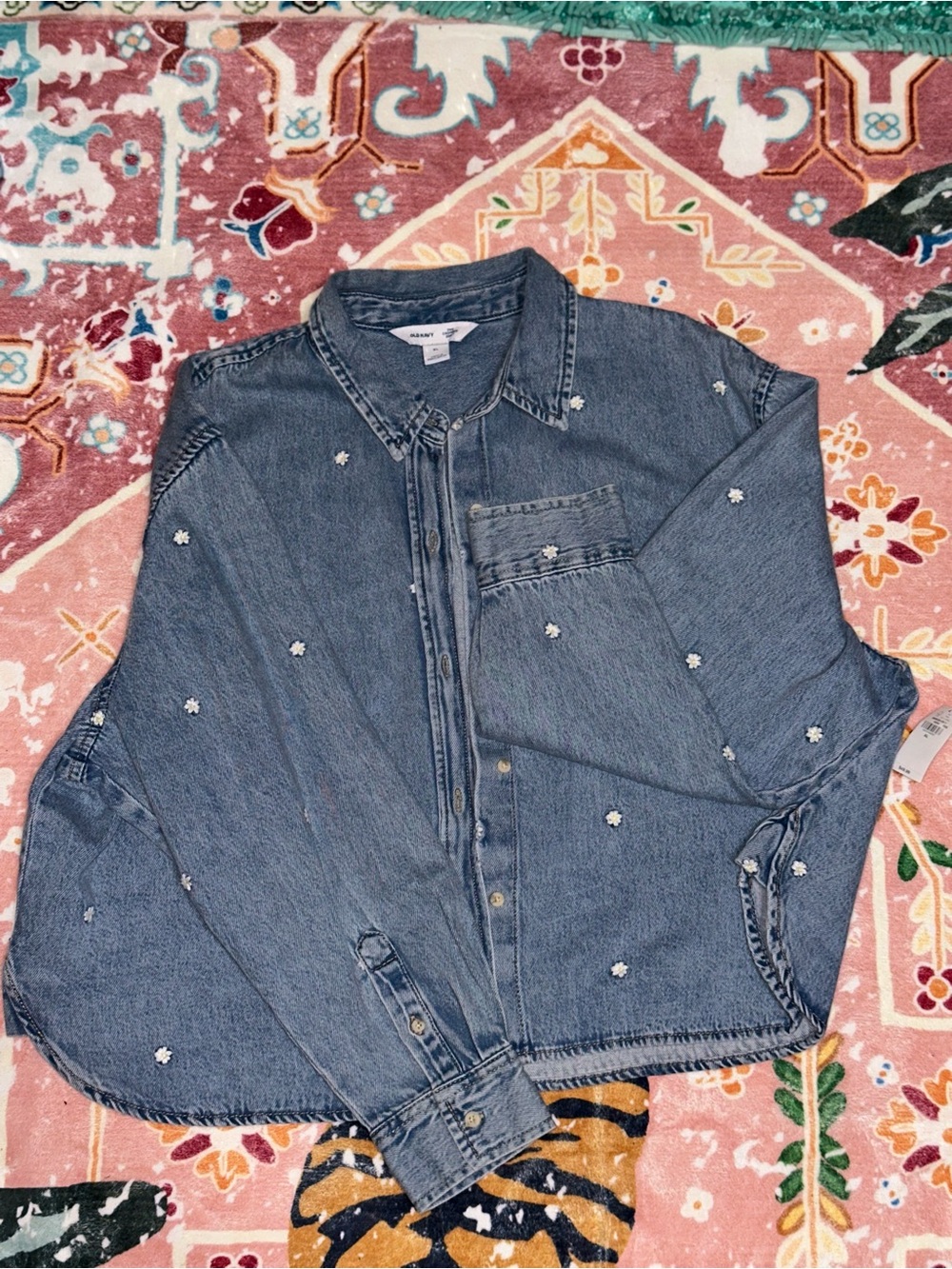 Denim Floral Embroidered Chambry Button Down Shirt